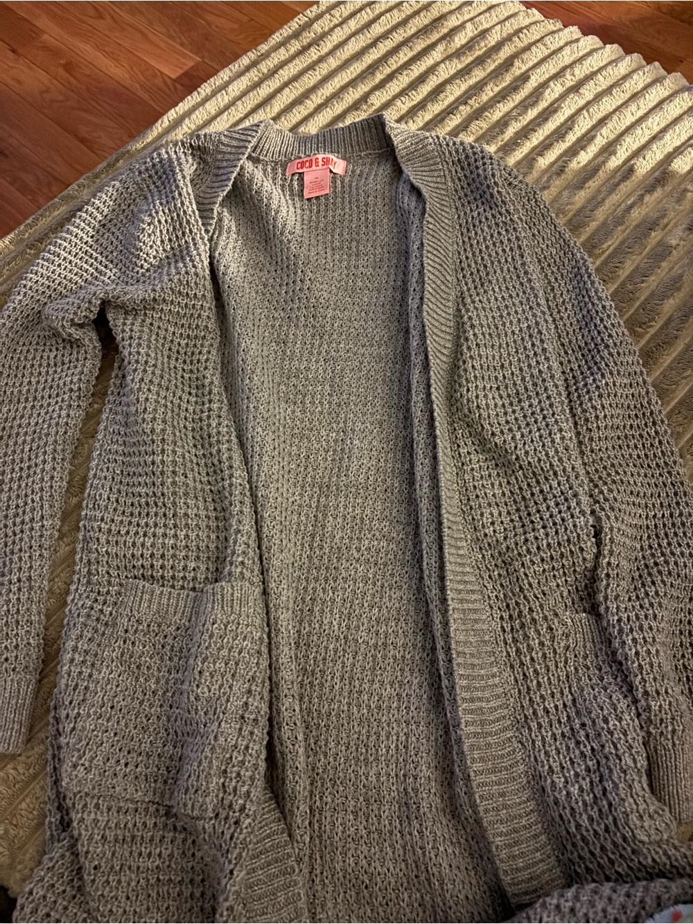 C&C California Open-Front Light Gray Waffle Knit Cardigan